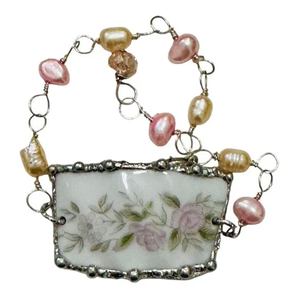 Broken China Cabochon Bracelet Crafted Silver Blend Metalwork, Freshwater Pearls - Picture 2 of 13